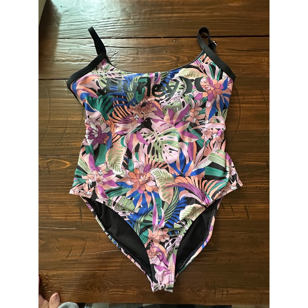 Hurley Womens 2X One Piece Swimsuit Tropical Floral Strappy Back  Black‎ Multi